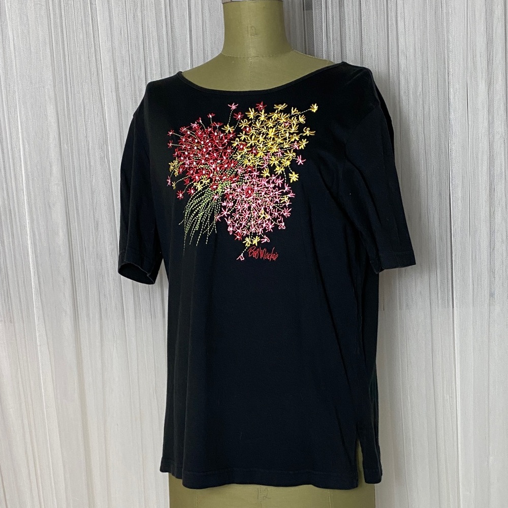 Bob Mackie “Wearable Art” Black Short Sleeves Tee with Colorful Embroidery Lrg